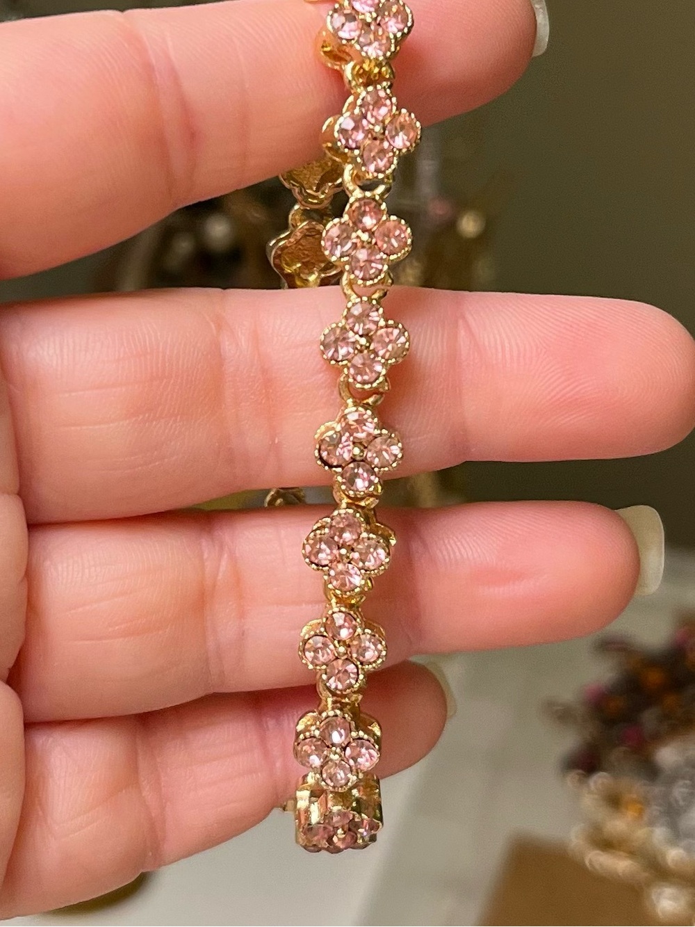 Gold Tone Pink Rhinestone Floral Tennis Bracelet